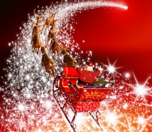 Weihnachtsmann mit Rentierschlitten und Sternschnuppe